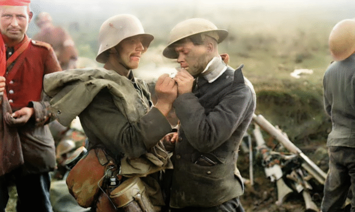 Fraternization truce - Two soldiers, British and German, exchanging cigarettes in no man's land, World War One, December, 1914 (Source: Infos Toulouse)